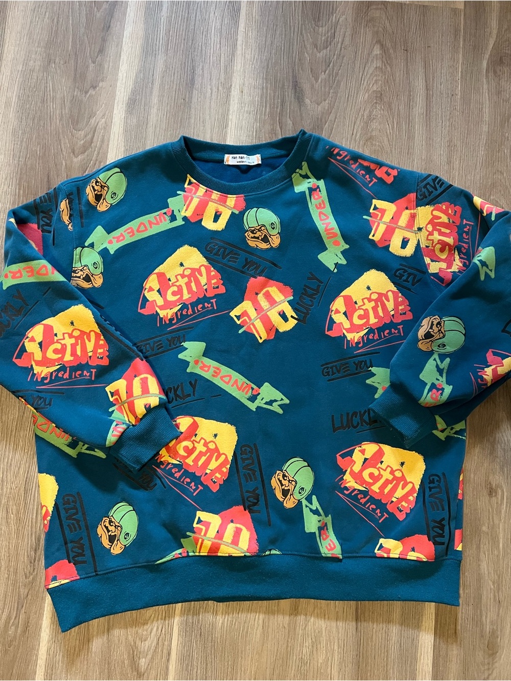 Street Art Style  Men's Teal Graphic Crewneck Sweater Sz large